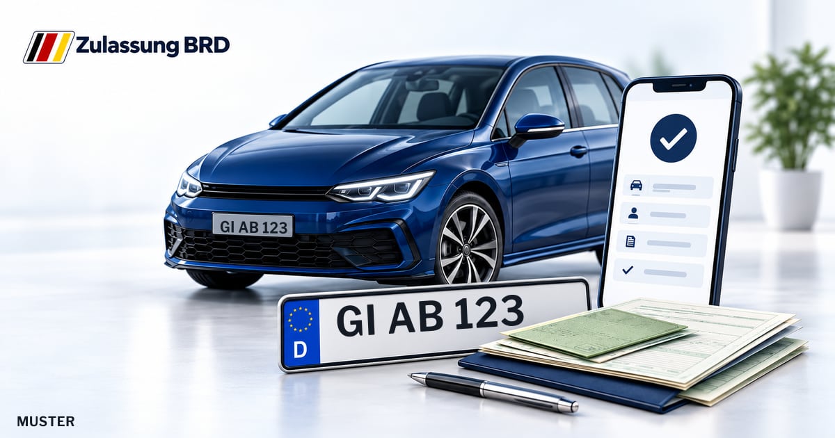 Online Fahrzeugzulassung in Linden: Musterkennzeichen GI AB 123, Auto und Fahrzeugpapiere und Smartphone. Illustration mit Logo von Zulassung BRD.